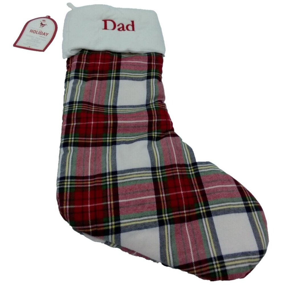 Pottery Barn Kids Dad Ivory Tartan Plaid Christmas Holiday Stocking Xmas